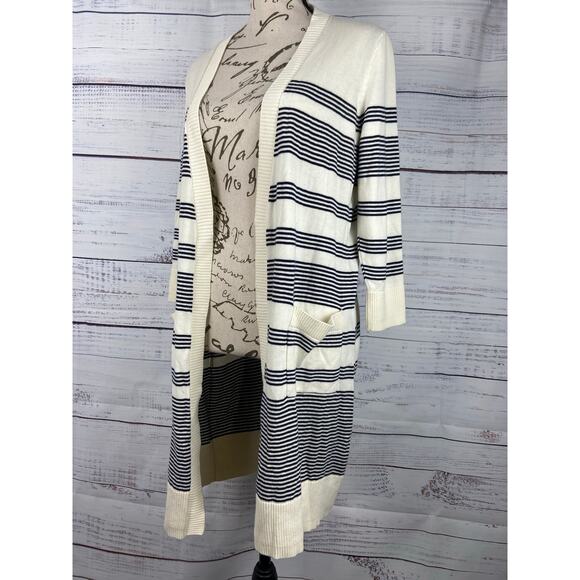 Talbots Cardigan Womens Sp Stripe Open Front Pockets Pima Cotton Knit 3/4 Sleeve - Picture 4 of 12